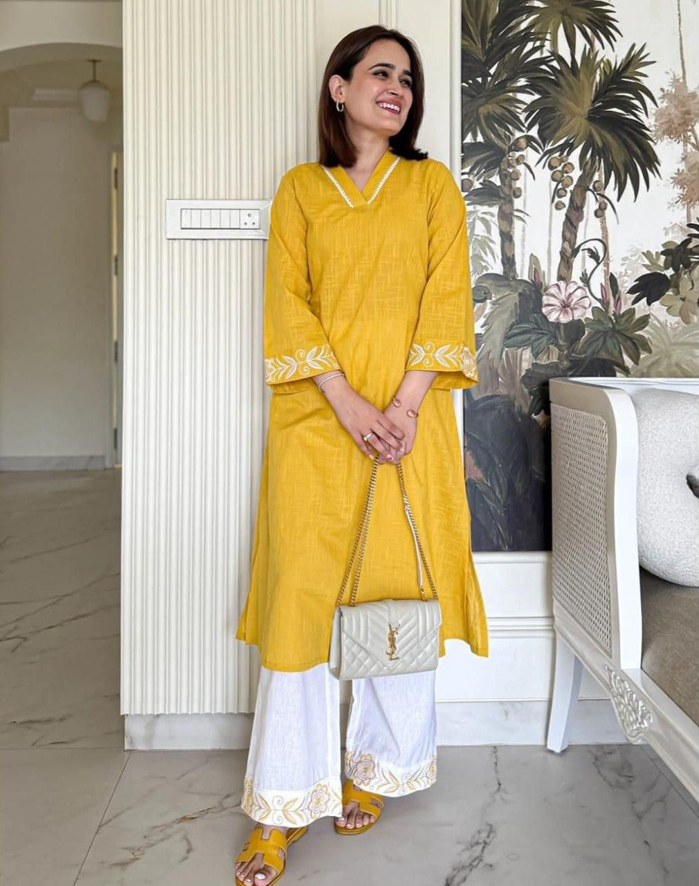 Women Mustard Solid Cotton Flex V-Neck A-Line Kurta Pant Set