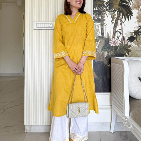 Women Mustard Solid Cotton Flex V-Neck A-Line Kurta Pant Set
