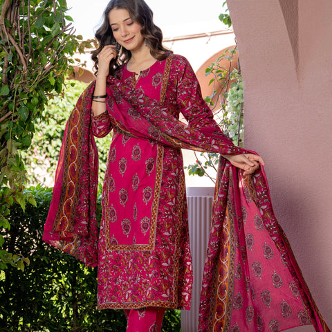 Women Red Floral Printed Cotton Straight Kurta Pant Dupatta Set