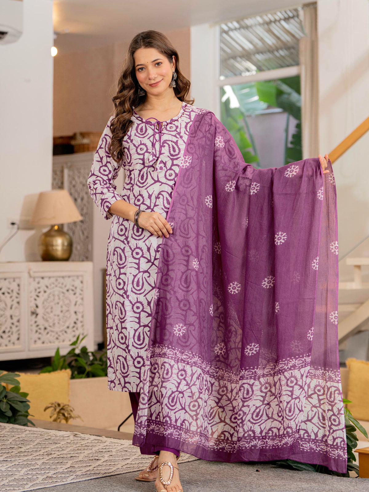 Women Mauve Botanical Print Mirror Work Cotton Kurta Pant Dupatta Set