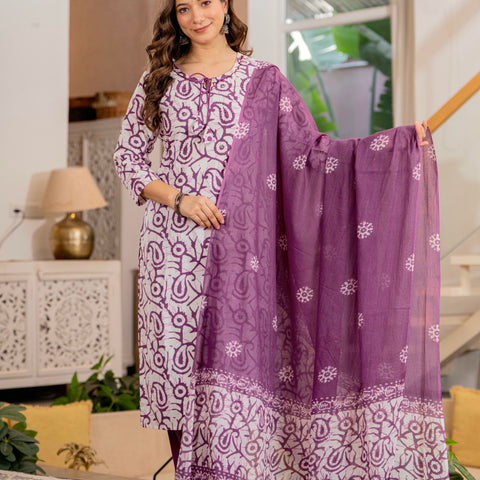 Women Mauve Botanical Print Mirror Work Cotton Kurta Pant Dupatta Set