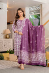 Women Mauve Botanical Print Mirror Work Cotton Kurta Pant Dupatta Set