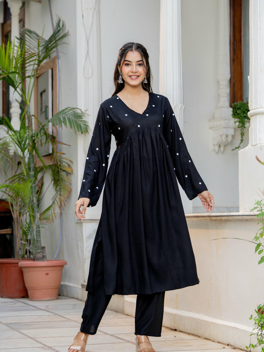 Women Black Embroidered V-Neck Flared Kurta Pant Set