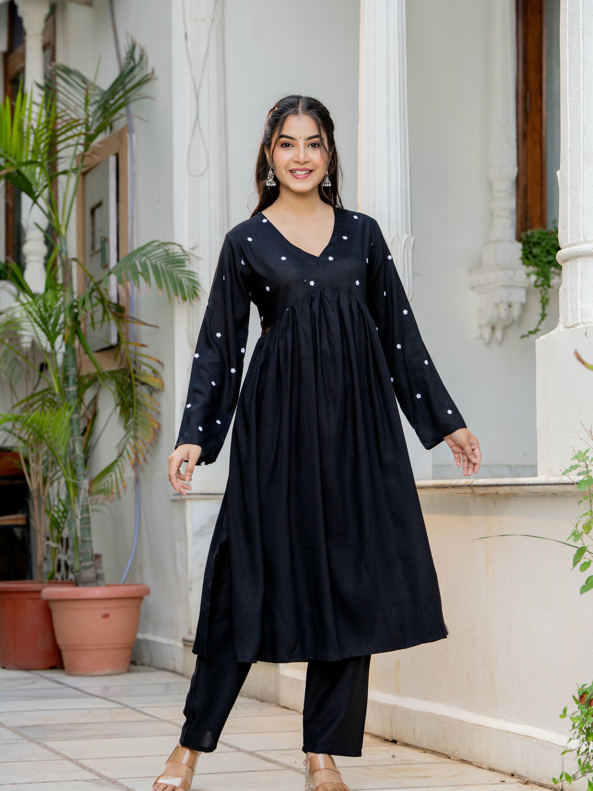 Women Black Embroidered V-Neck Flared Kurta Pant Set