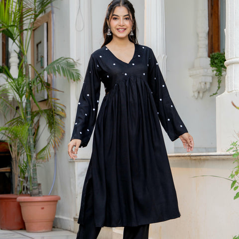 Women Black Embroidered V-Neck Flared Kurta Pant Set
