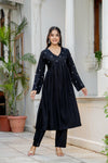 Women Black Embroidered V-Neck Flared Kurta Pant Set