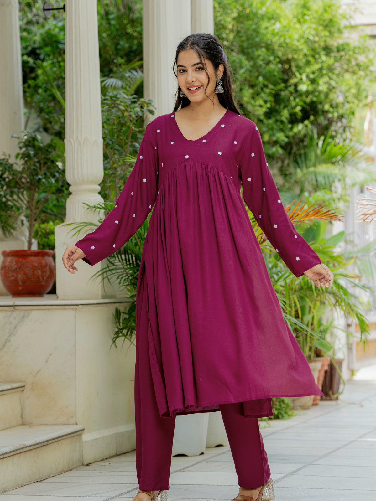 Women Wine Embroidered Cotton Rayon Alia Cut Kurta Pant Set
