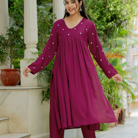 Women Wine Embroidered Cotton Rayon Alia Cut Kurta Pant Set
