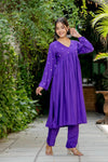 Women Purple Embroidered Full Sleeve Flared Kurta Pant Set