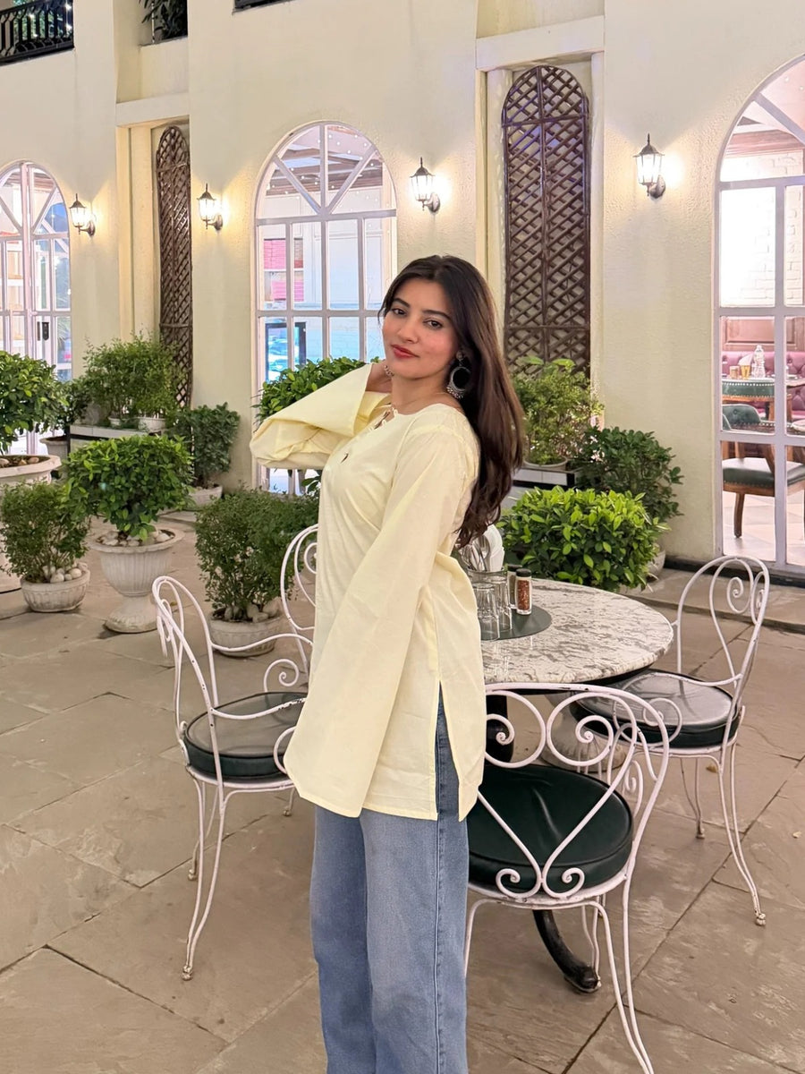Women Off White Cotton Notch Neck Corset Short Kurti