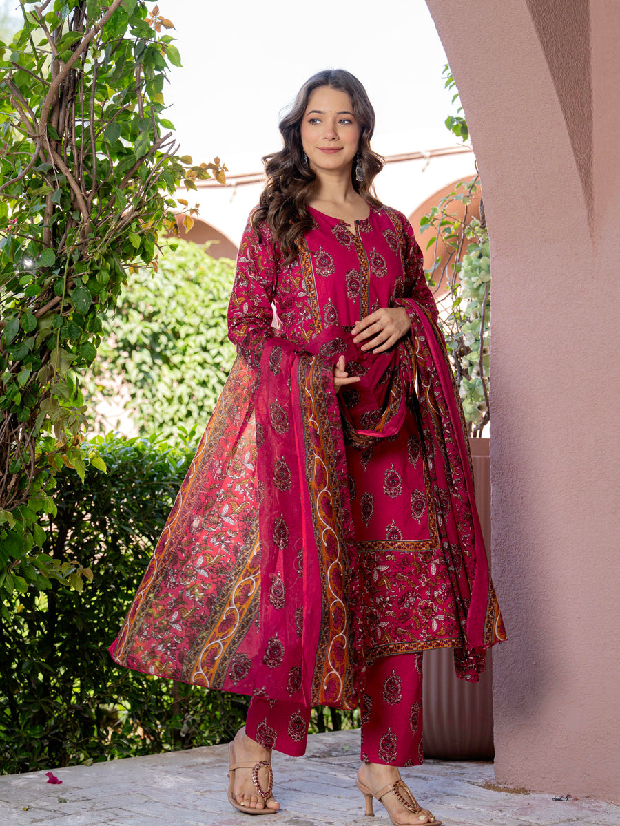Women Red Floral Printed Cotton Straight Kurta Pant Dupatta Set
