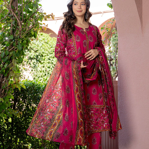 Women Red Floral Printed Cotton Straight Kurta Pant Dupatta Set