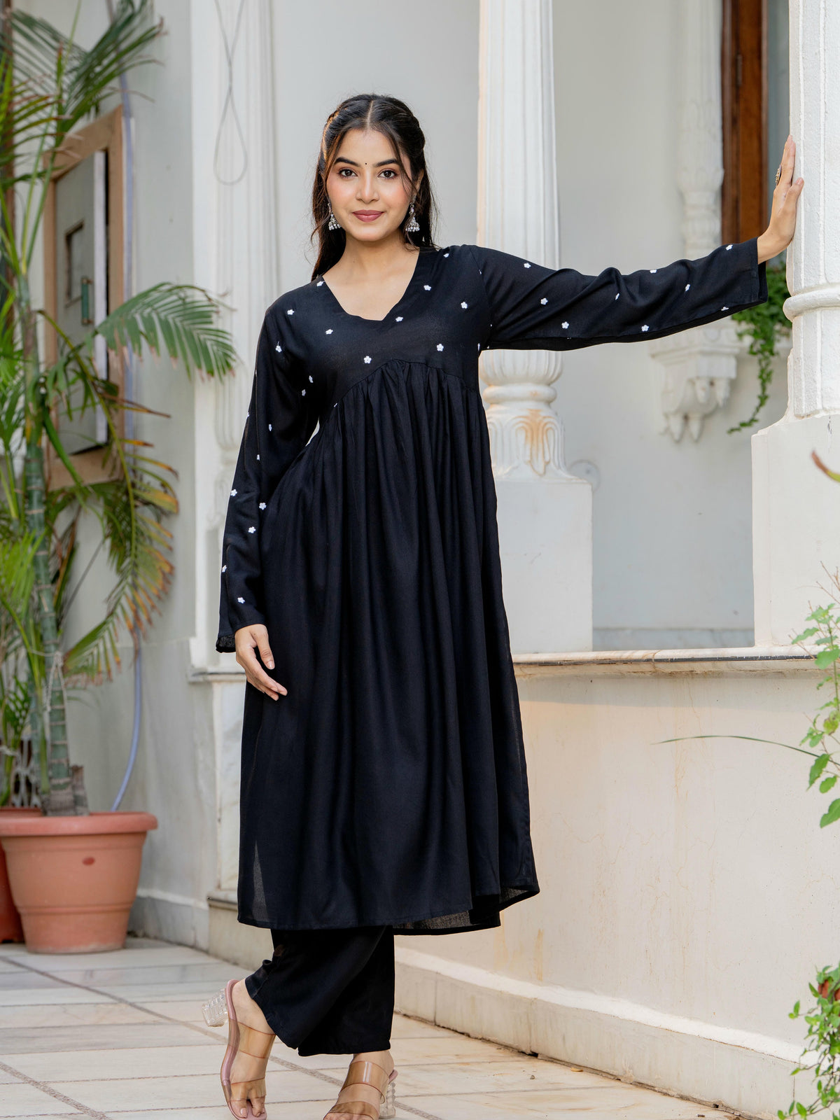 Women Black Embroidered V-Neck Flared Kurta Pant Set