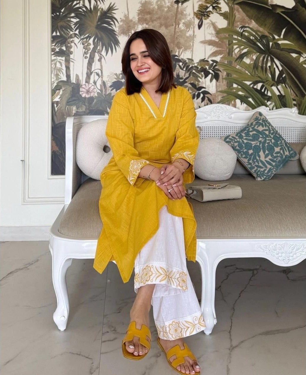 Women Mustard Solid Cotton Flex V-Neck A-Line Kurta Pant Set