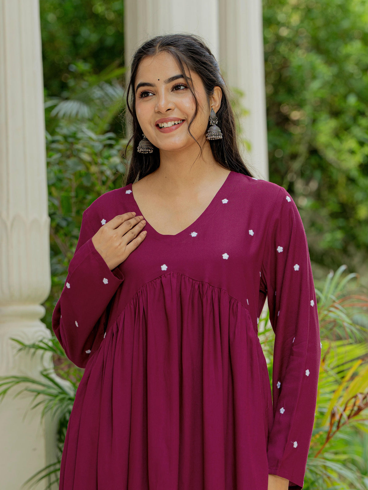 Women Wine Embroidered Cotton Rayon Alia Cut Kurta Pant Set