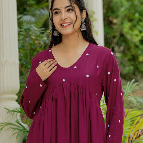 Women Wine Embroidered Cotton Rayon Alia Cut Kurta Pant Set
