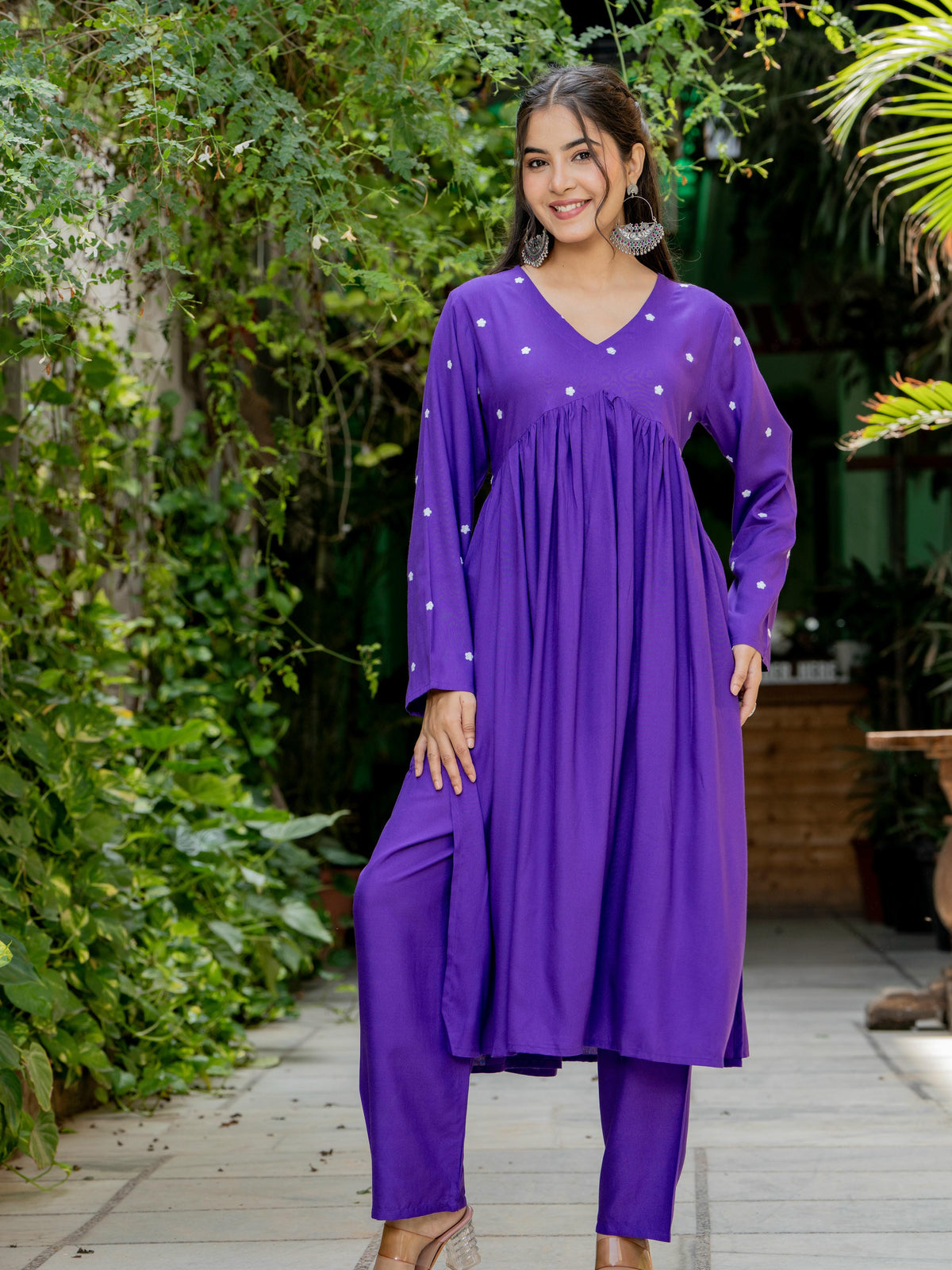 Women Purple Embroidered Full Sleeve Flared Kurta Pant Set