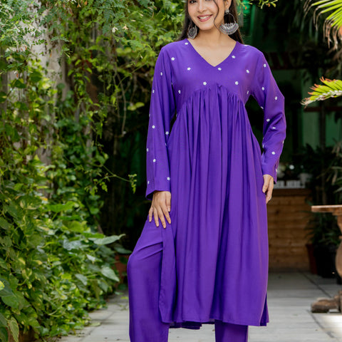 Women Purple Embroidered Full Sleeve Flared Kurta Pant Set