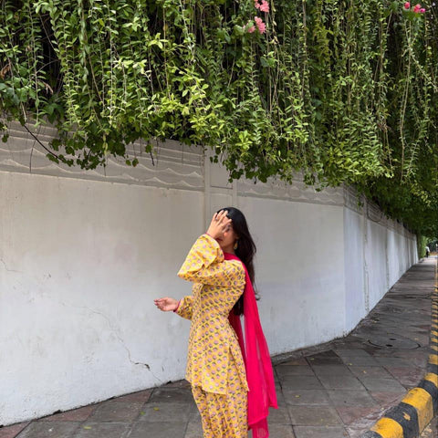 Women Yellow Floral Print Cotton Farshi Salwar Suit with Pink Dupatta