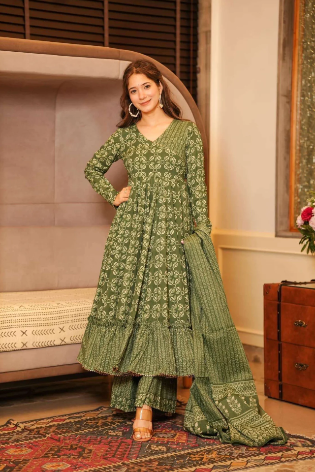 Women Olive Green 12 Kali Anarkali Cotton Kurta Palazzo Dupatta Set