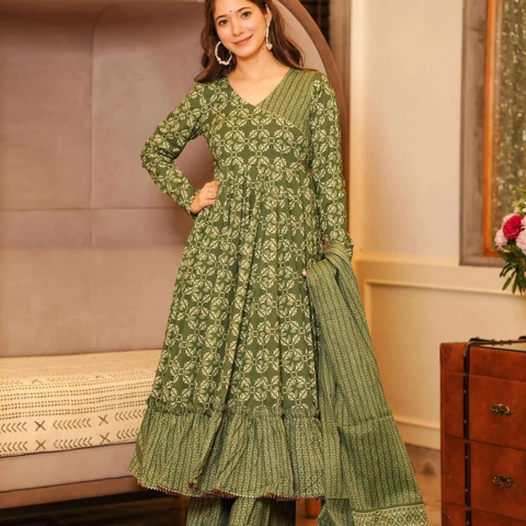 Women Olive Green 12 Kali Anarkali Cotton Kurta Palazzo Dupatta Set