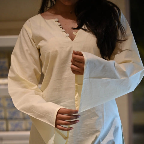 Women Off White Cotton Notch Neck Corset Short Kurti