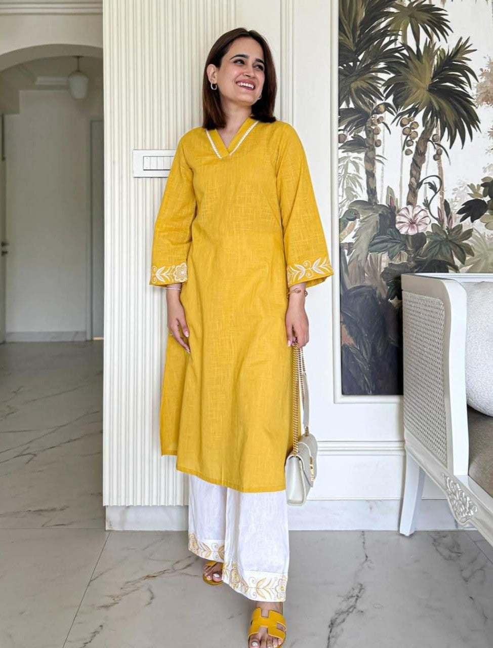 Women Mustard Solid Cotton Flex V-Neck A-Line Kurta Pant Set