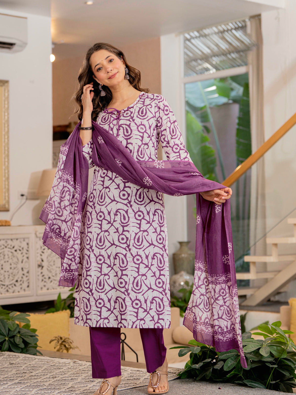 Women Mauve Botanical Print Mirror Work Cotton Kurta Pant Dupatta Set