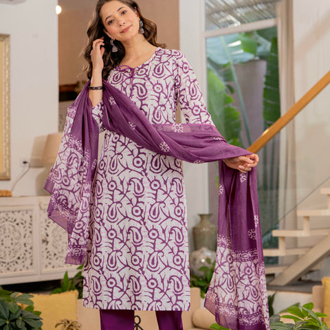 Women Mauve Botanical Print Mirror Work Cotton Kurta Pant Dupatta Set