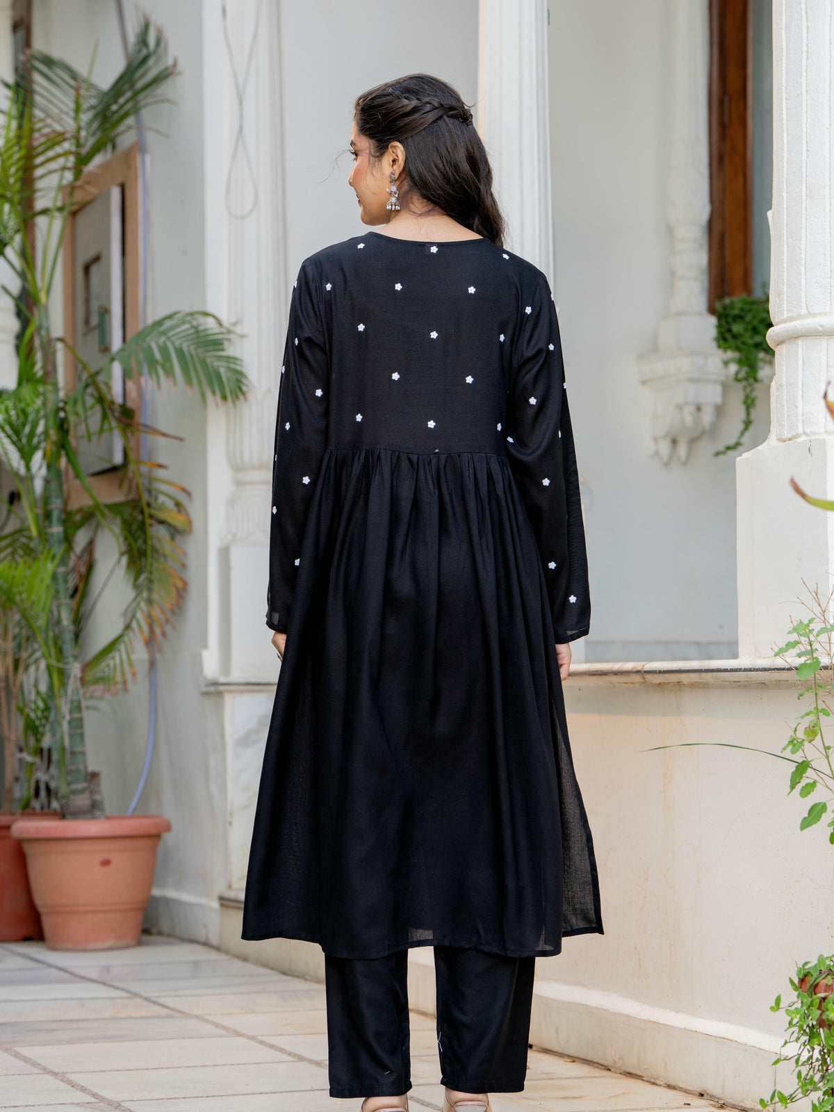 Women Black Embroidered V-Neck Flared Kurta Pant Set