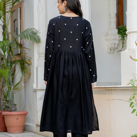 Women Black Embroidered V-Neck Flared Kurta Pant Set