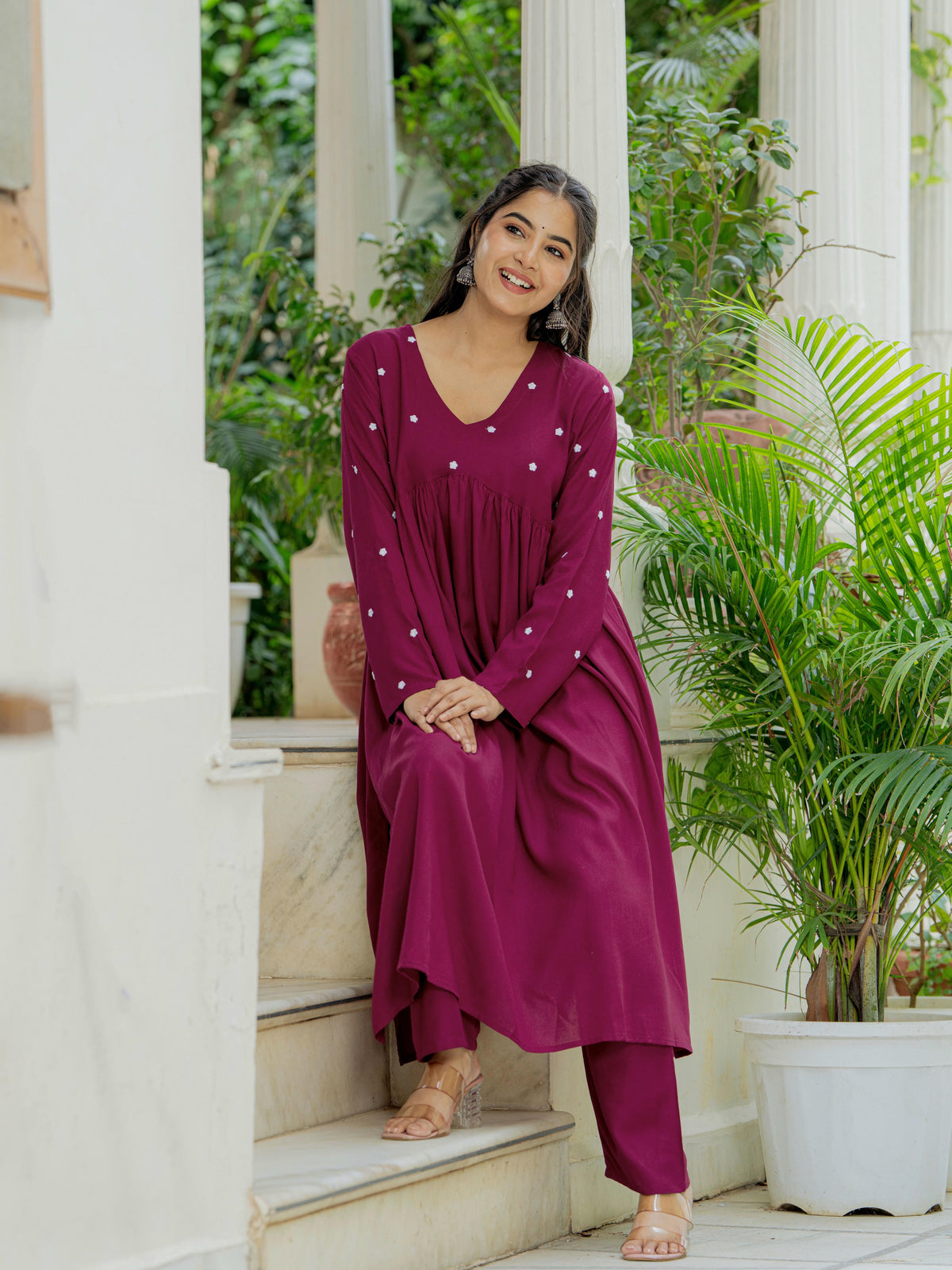 Women Wine Embroidered Cotton Rayon Alia Cut Kurta Pant Set