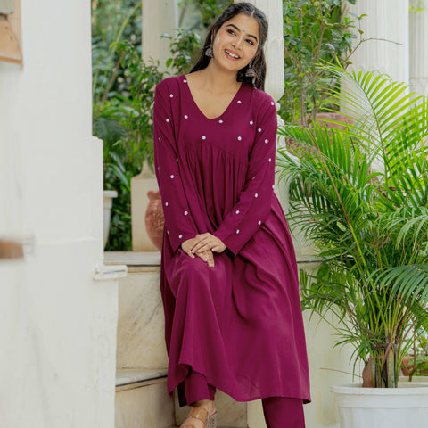 Women Wine Embroidered Cotton Rayon Alia Cut Kurta Pant Set