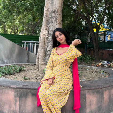 Women Yellow Floral Print Cotton Farshi Salwar Suit with Pink Dupatta
