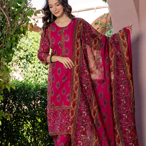 Women Red Floral Printed Cotton Straight Kurta Pant Dupatta Set
