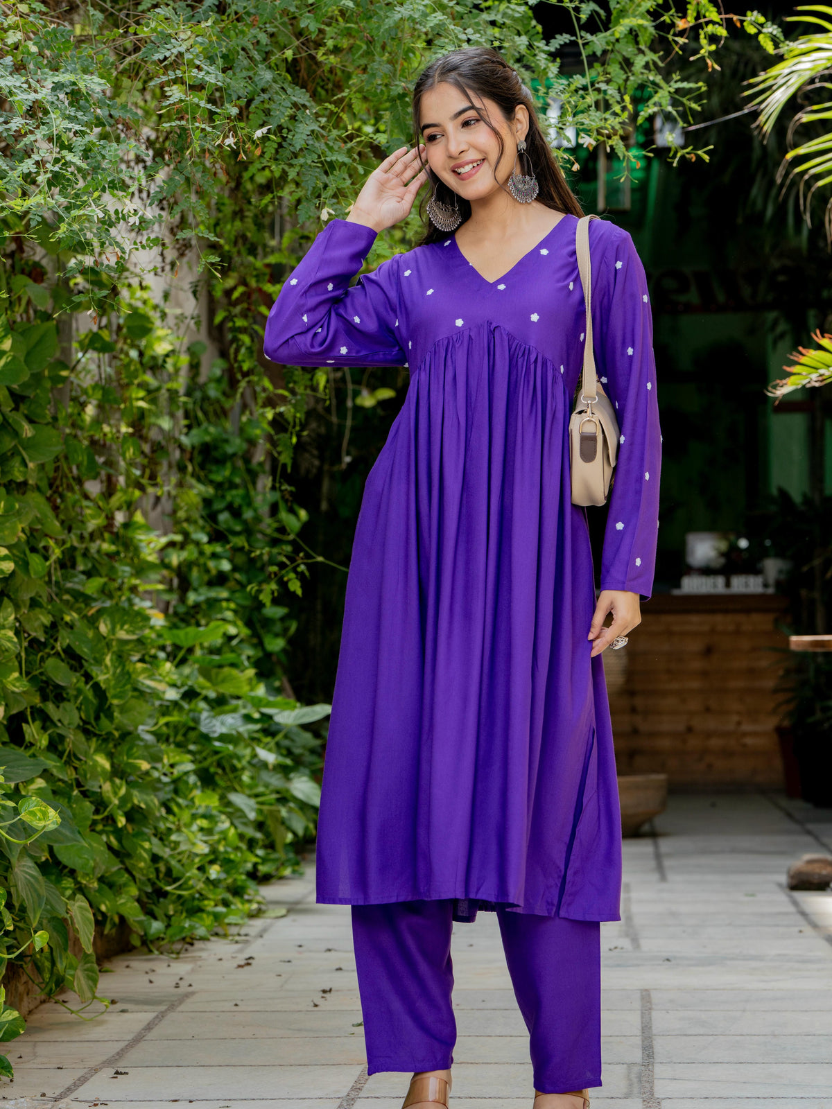 Women Purple Embroidered Full Sleeve Flared Kurta Pant Set