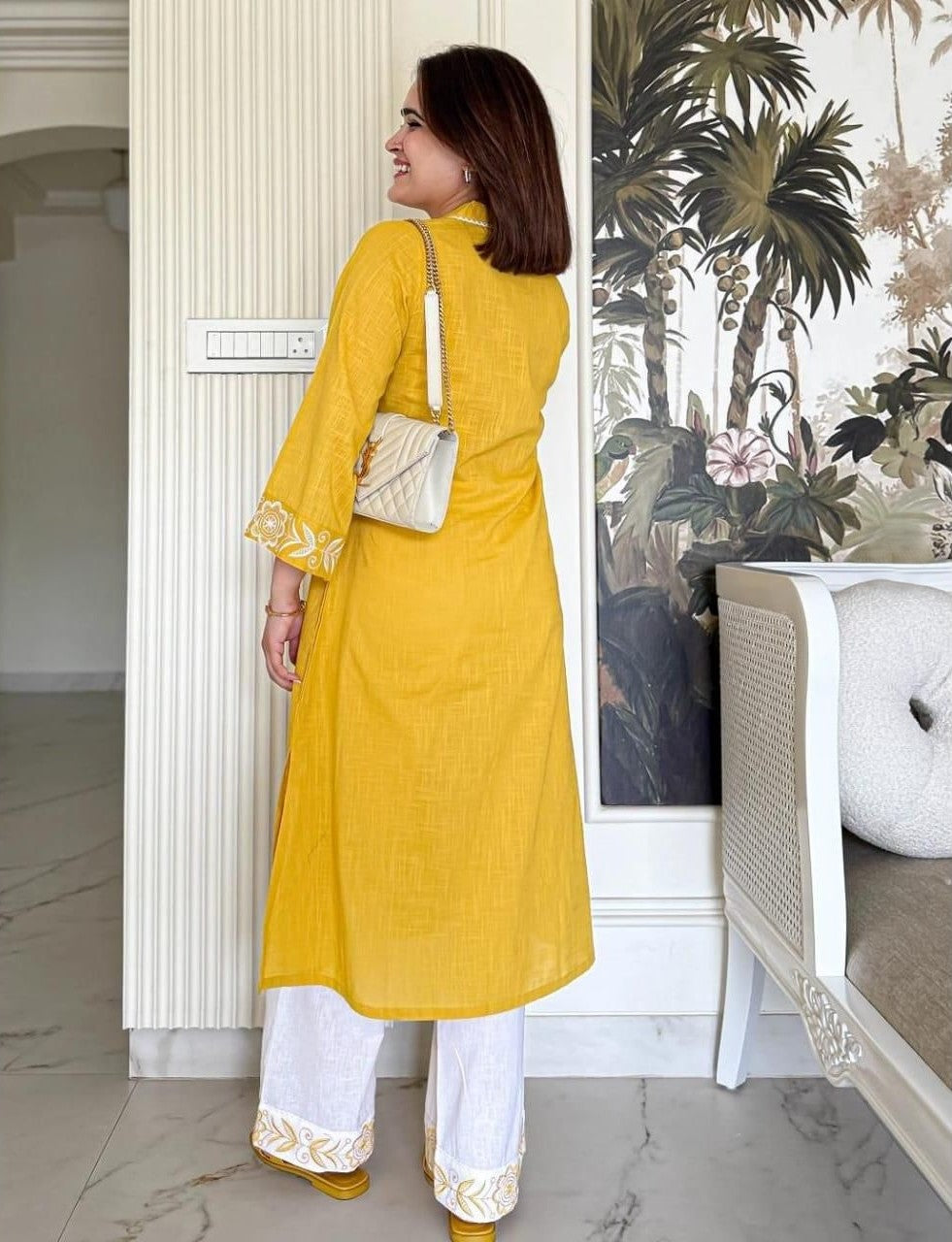 Women Mustard Solid Cotton Flex V-Neck A-Line Kurta Pant Set