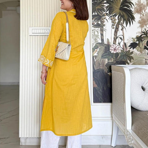 Women Mustard Solid Cotton Flex V-Neck A-Line Kurta Pant Set