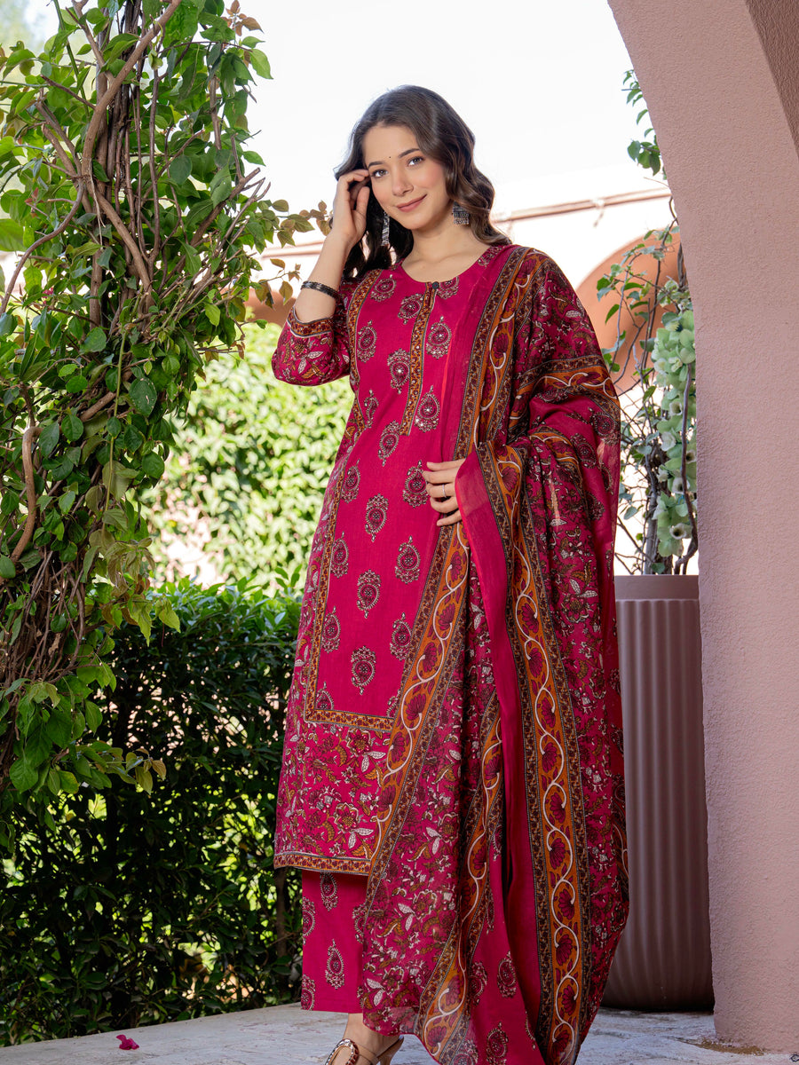 Women Red Floral Printed Cotton Straight Kurta Pant Dupatta Set
