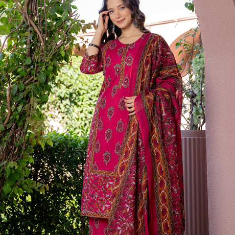 Women Red Floral Printed Cotton Straight Kurta Pant Dupatta Set