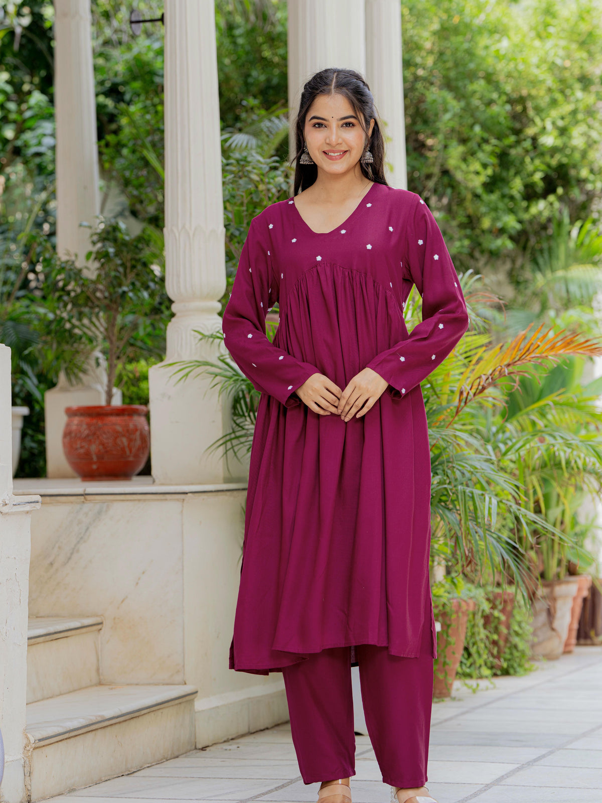 Women Wine Embroidered Cotton Rayon Alia Cut Kurta Pant Set