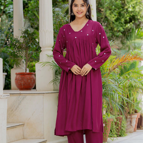 Women Wine Embroidered Cotton Rayon Alia Cut Kurta Pant Set