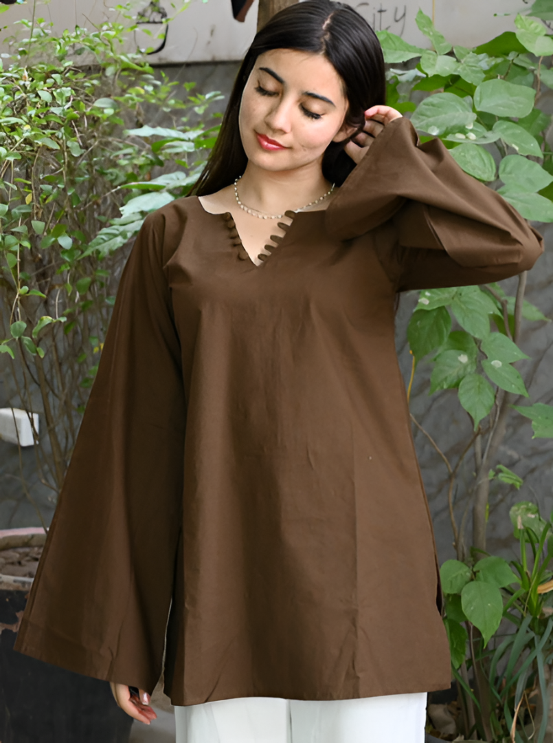 Women Brown Solid Pure Cotton Corset Short Kurti