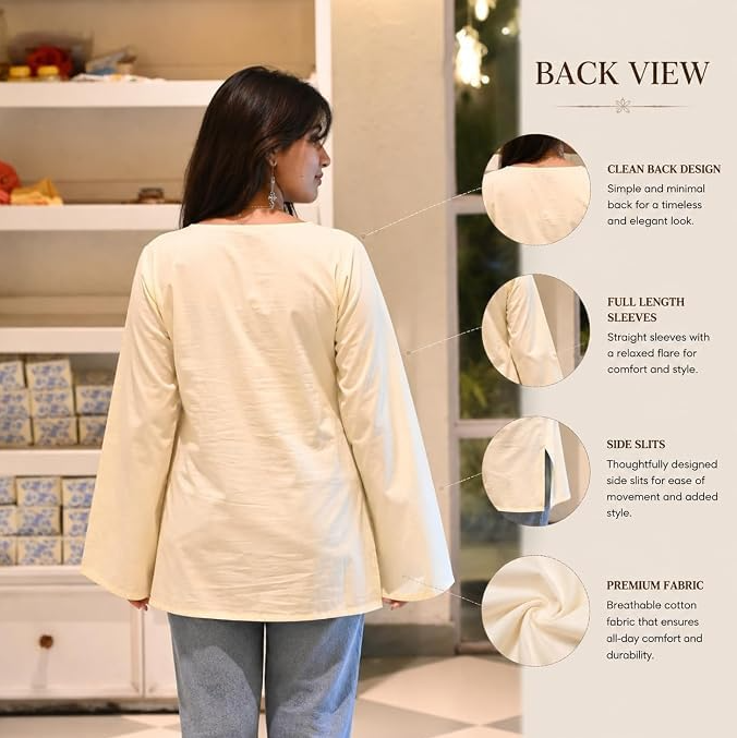 Women Off White Cotton Notch Neck Corset Short Kurti