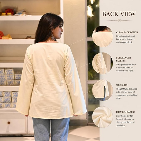 Women Off White Cotton Notch Neck Corset Short Kurti