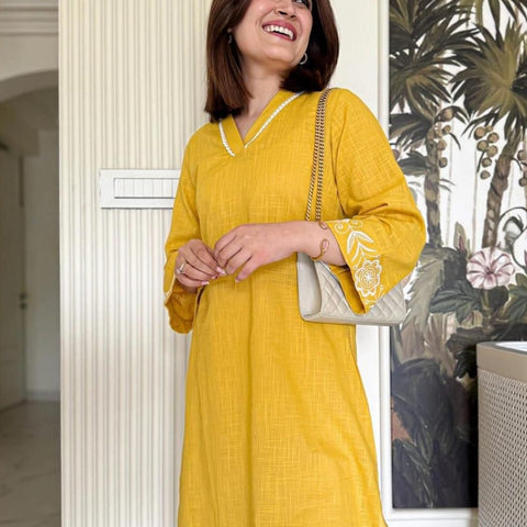 Women Mustard Solid Cotton Flex V-Neck A-Line Kurta Pant Set