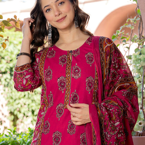 Women Red Floral Printed Cotton Straight Kurta Pant Dupatta Set