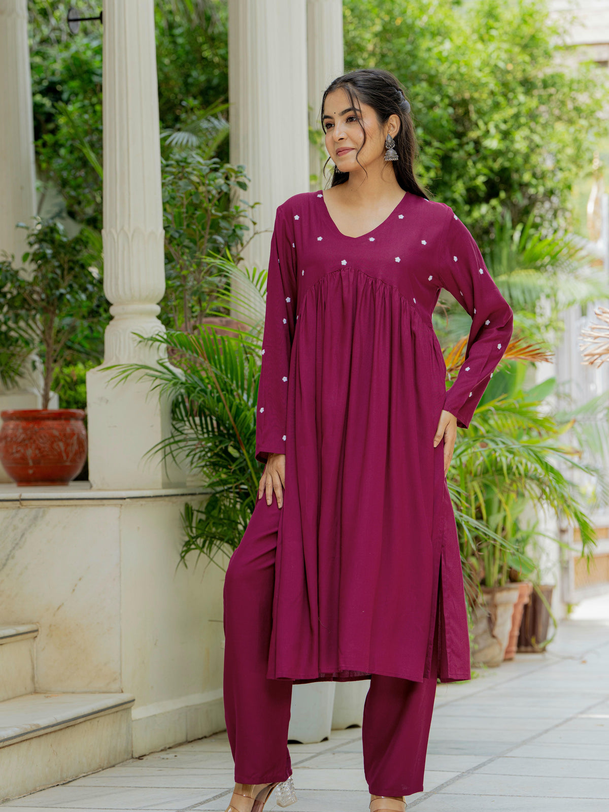 Women Wine Embroidered Cotton Rayon Alia Cut Kurta Pant Set