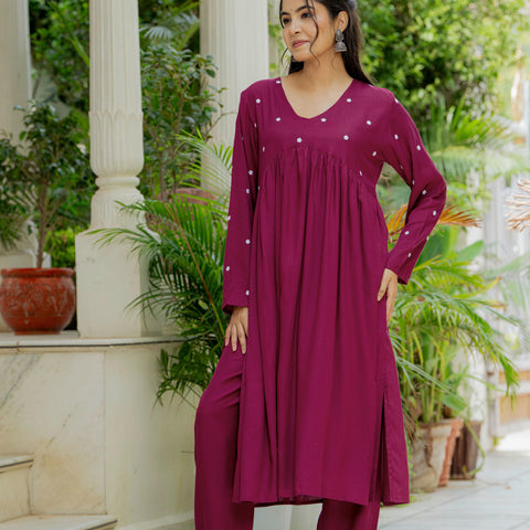 Women Wine Embroidered Cotton Rayon Alia Cut Kurta Pant Set