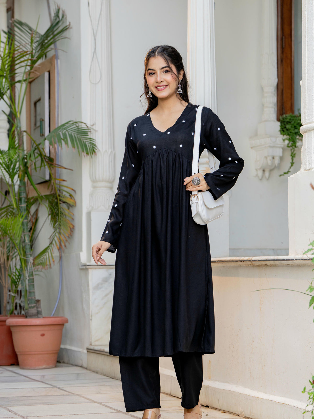Women Black Embroidered V-Neck Flared Kurta Pant Set